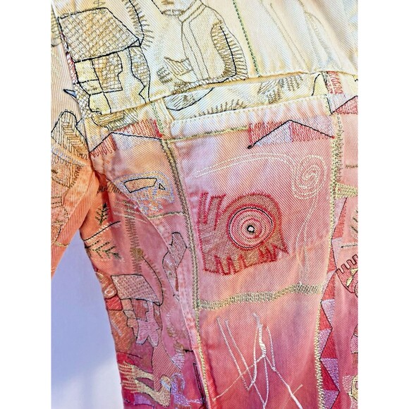 Chico's Fall Tribal Boho Patchwork Embroidered Denim Jean Jacket Art-to-Wear 1M - Picture 9 of 10